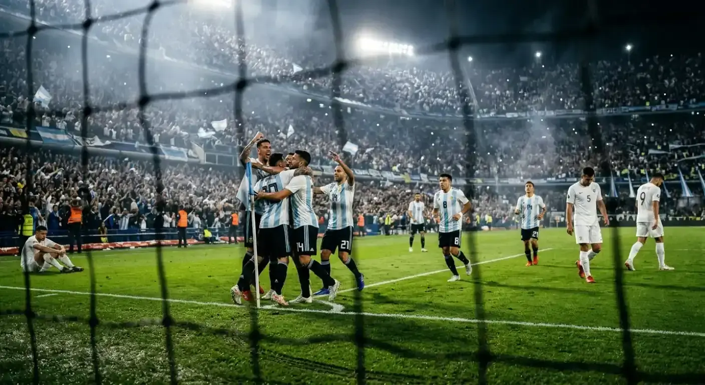 Az argentin játékosok a 90+2. percben szerzett győztes gól után ünnepelnek, kék-fehér mezek, Mercedes-Benz Stadion éjszakai fények