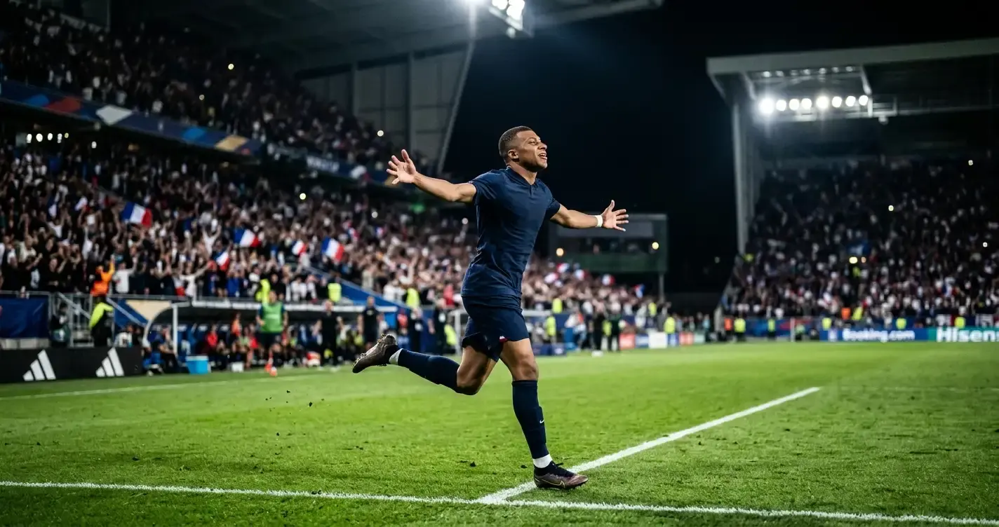 Franciaország játékosa ünnepel a Foxborough-i Gillette Stadionban a Marokkó elleni vb-negyeddöntő második gólja után, esti fények, telt ház