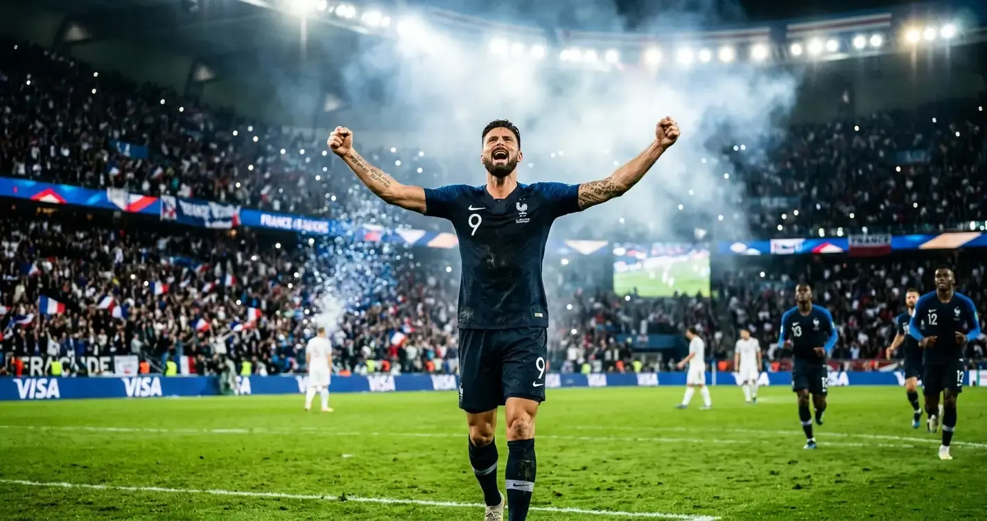 Kylian Mbappé ünnepel a francia gól után, kapus és védők a háttérben, esti fények a vb-stadionban