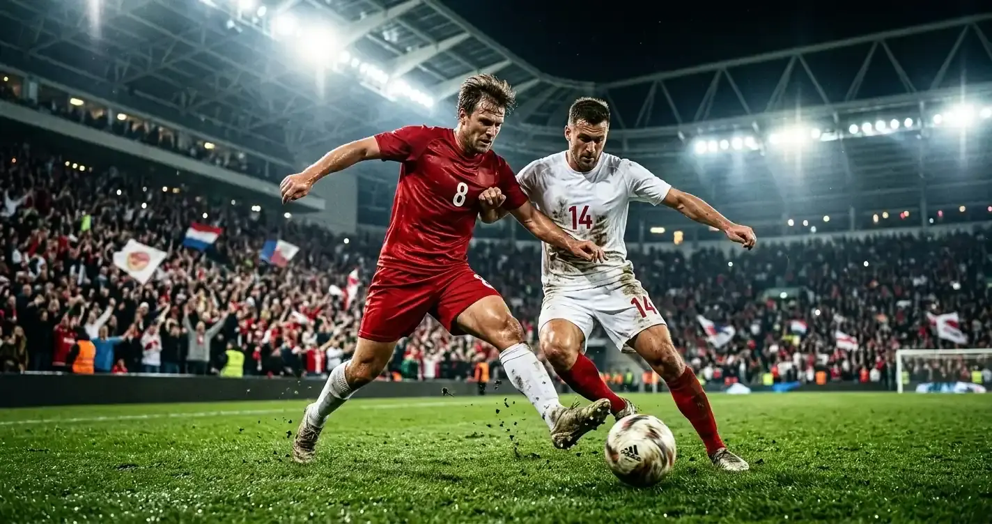 Két futballista küzdelme egy fáklyavilágításos stadionban, esti hangulat, izzadt arcok, élénk színek