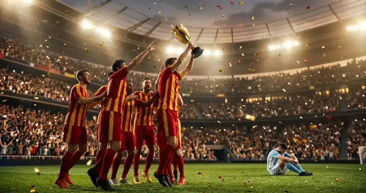 Piros-sárga mezes játékosok ünnepelnek a vb-trófeával egy telt stadionban, konfetti a levegőben, alkonyati fények a MetLife Stadion lelátóin