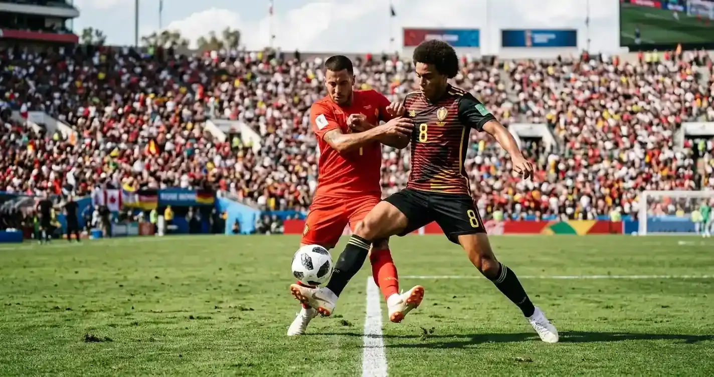 Spanyol és belga játékosok párharca az Inglewood-i SoFi Stadion gyepén világbajnoki negyeddöntőn, délutáni fények, telt ház