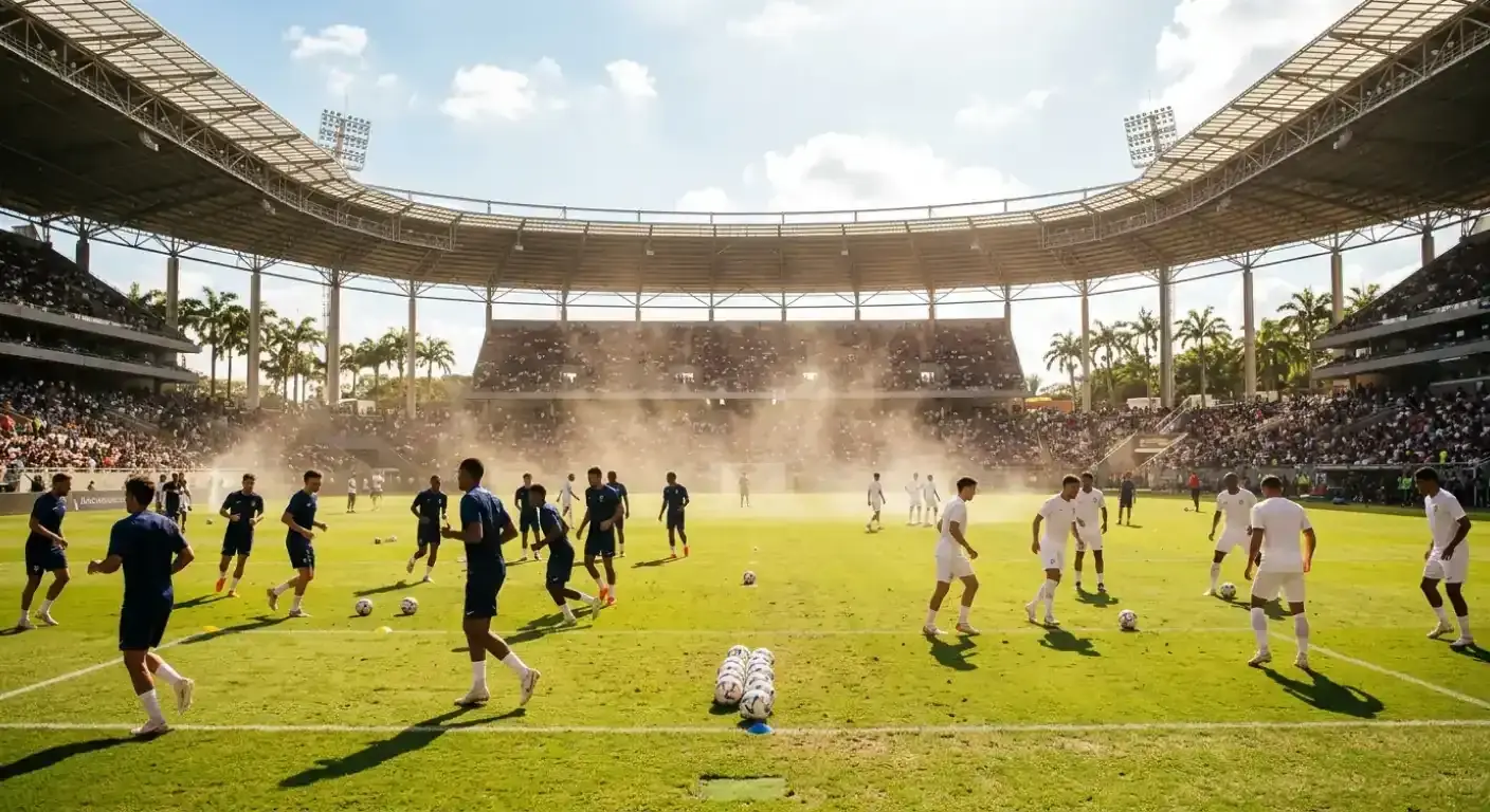 A Miami-i Hard Rock Stadion nyitott gyepén rendezett bronzmeccs előtti pillanatok, játékosok a kezdőkörben, nyári hőség és pára