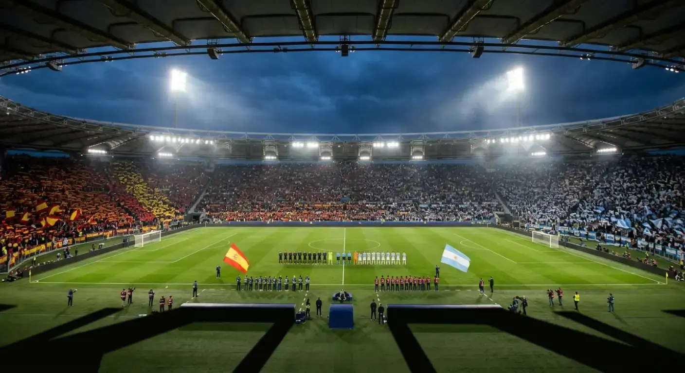 A MetLife Stadionban rendezett vb-döntő előtti pillanatok, aréna fények, két nemzeti zászló a gyepen, alkonyati stadion atmoszféra