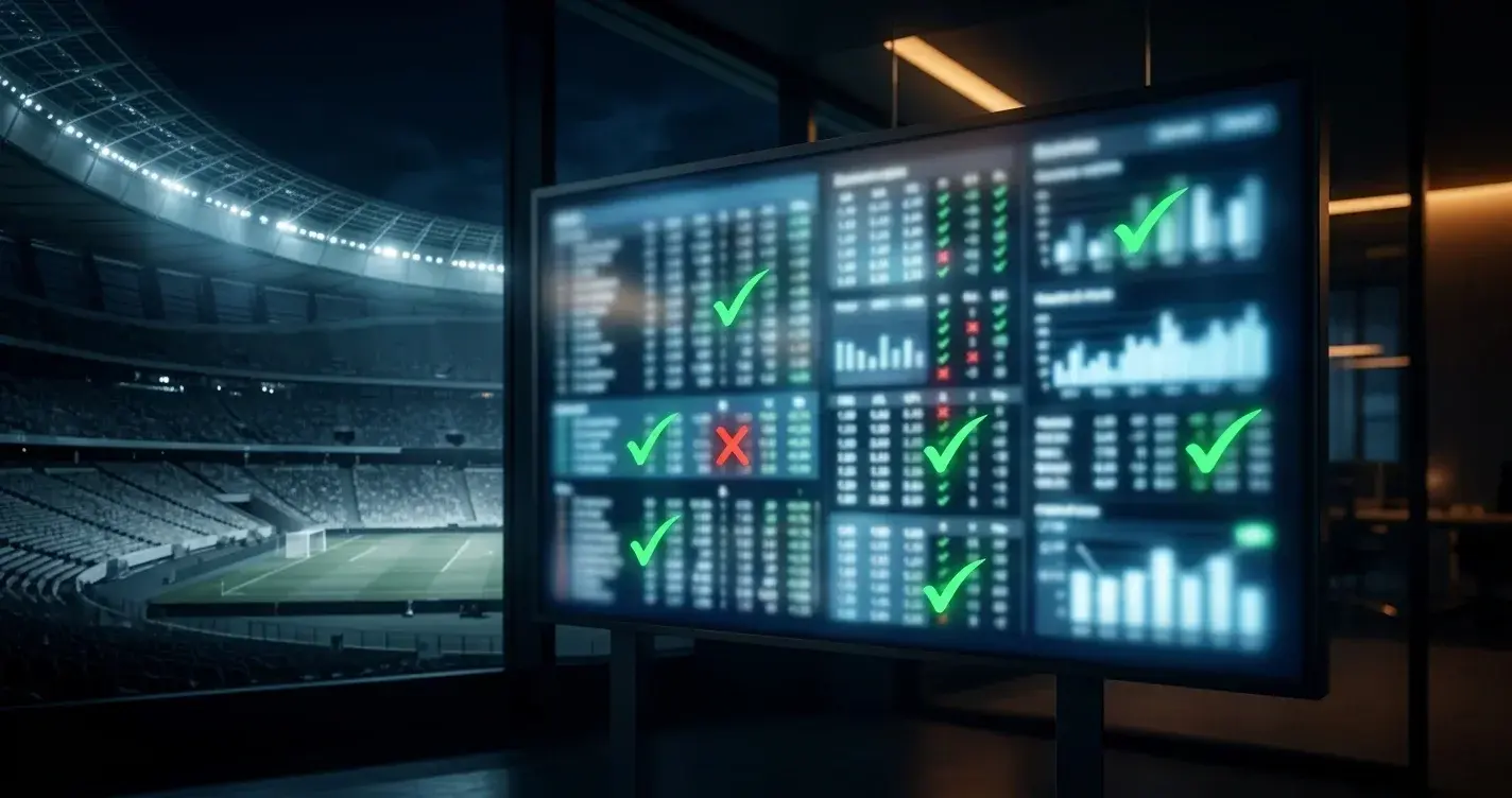 Fogadóiroda-hangulatú illusztráció, digitális szorzótábla elmosódott számokkal és pipával jelölt eredmények egy stadion sziluettje előtt, este