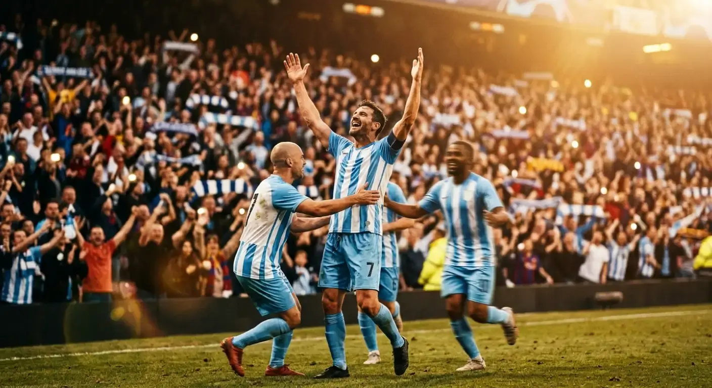 Lionel Messi a MetLife gyepén ünnepel egy gólpassz után, kék-fehér mez, stadion fények, kéz a magasban, csapattársak ölelik