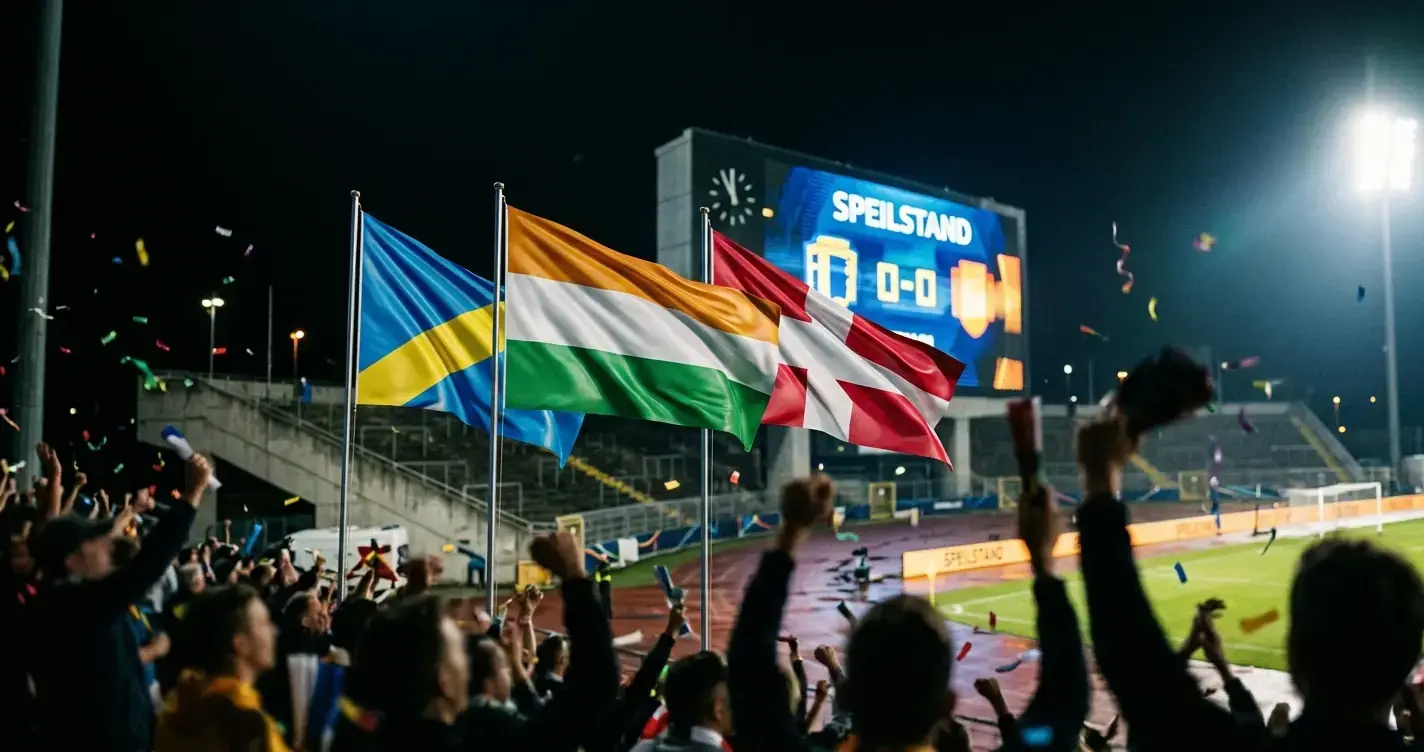 Három nemzet zászlaja egymás mellett egy stadion kivetítőjén, éjszakai fények, ünnepi hangulat