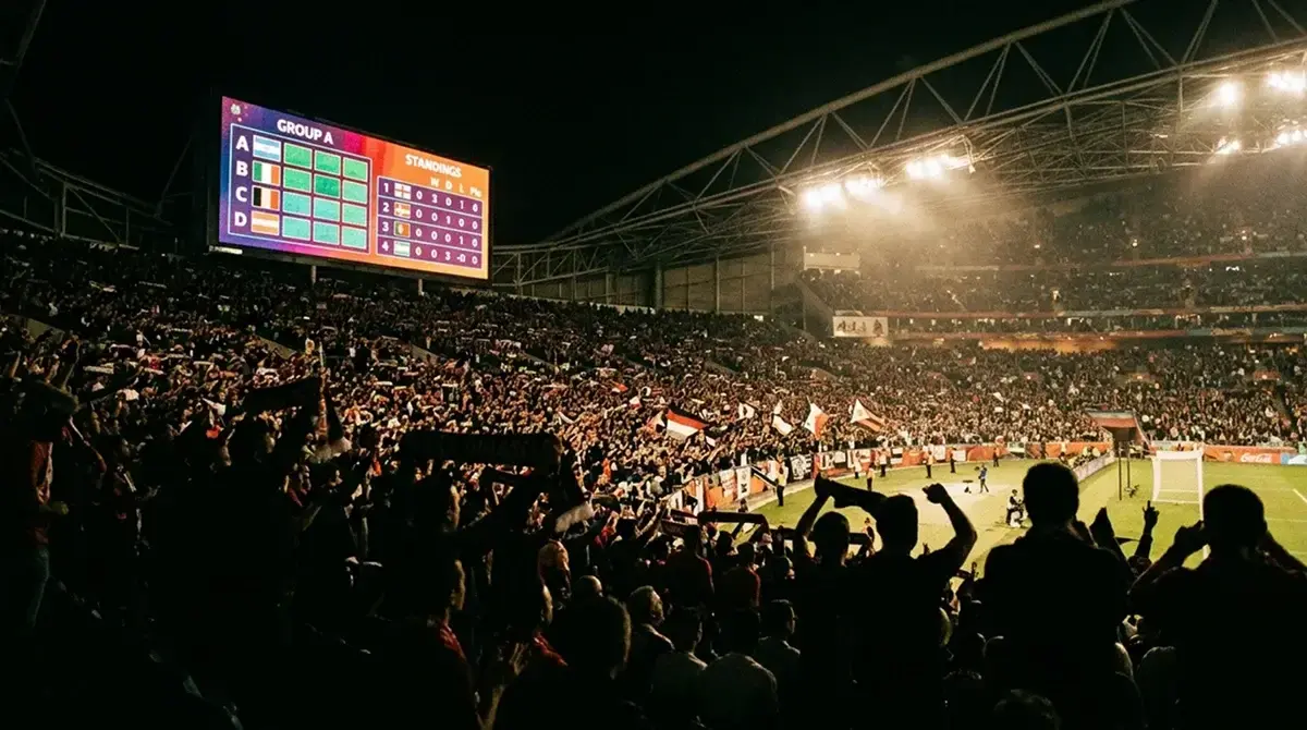 Világbajnoki eredményjelző tábla és csoportállás háttér egy stadionban, szurkolók sokasága, esti hangulat