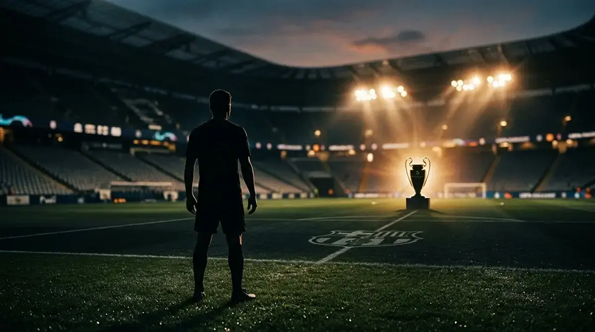 Futballista a világbajnoki trófea sziluettje előtt, esti stadionfény, reményteli hangulat