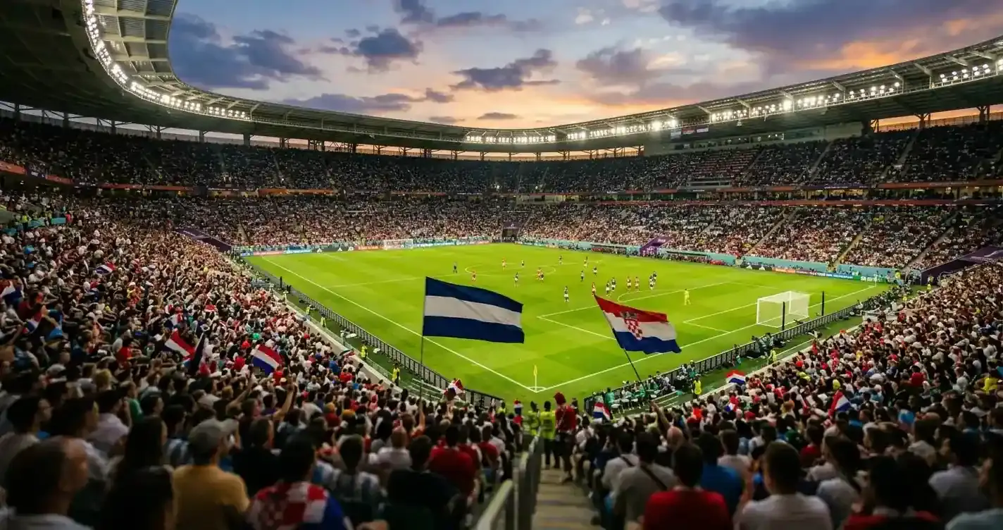 Aréna hangulat a vb-elődöntő előtt, focimeccs előtti fények, focisták a gyepen edzés közben, esti stadion atmoszféra