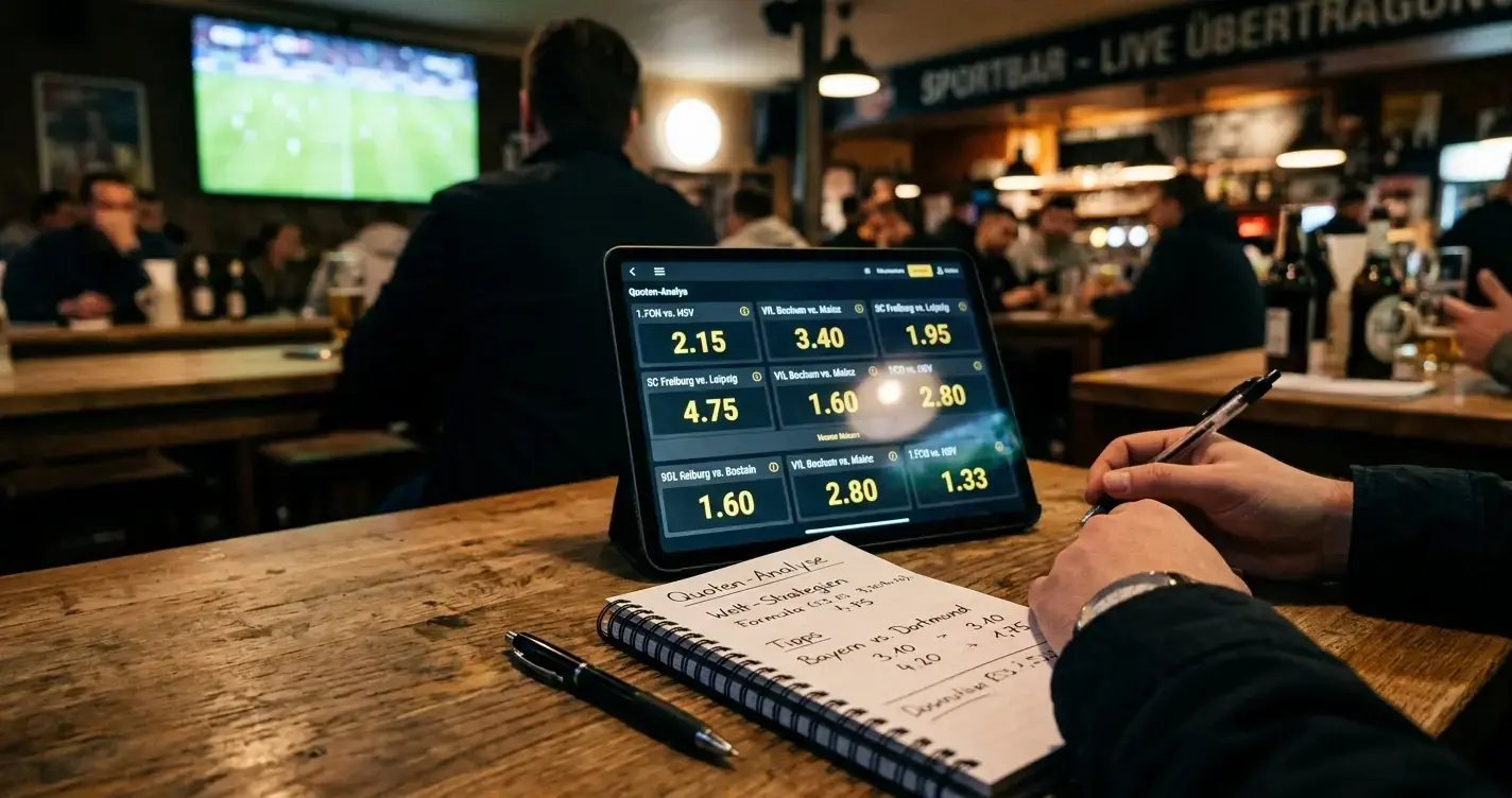 Digitális szorzókijelző egy szerkesztőségi asztalon, tompított fény, szurkolói bár-hangulat
